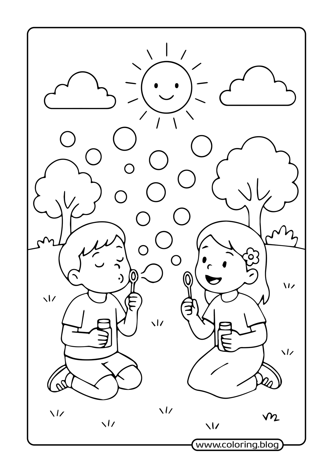 Boy and Girl Blowing Bubbles coloring page