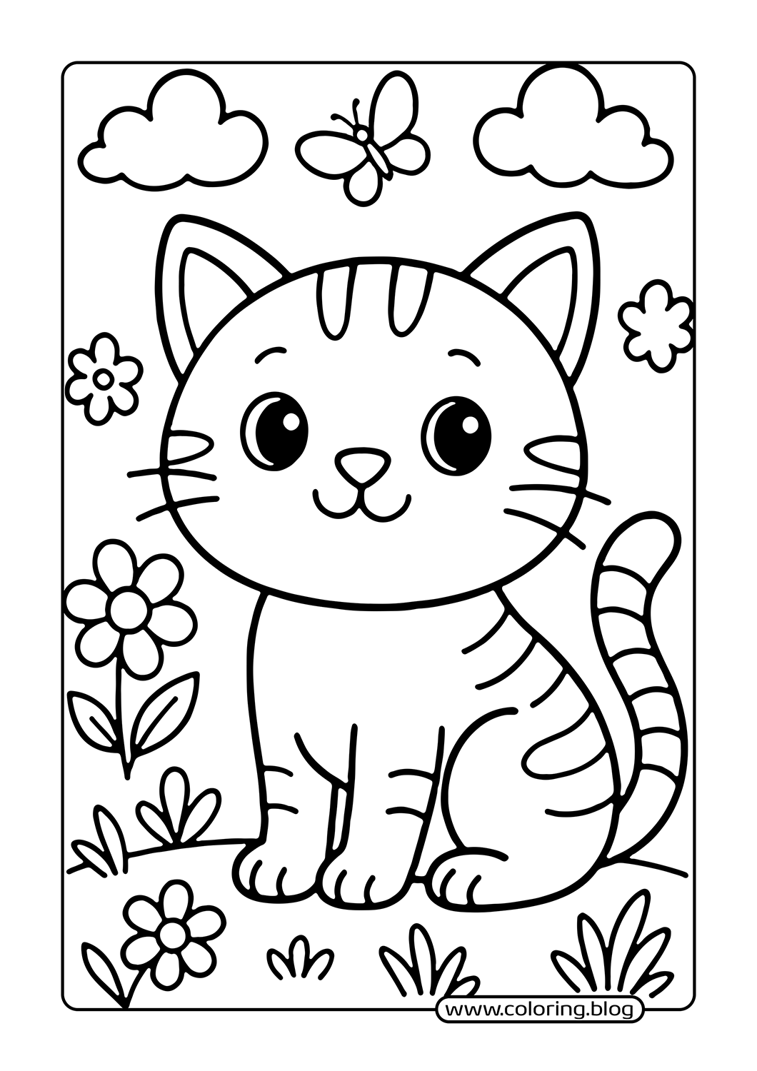 Cat among Flowers coloring page