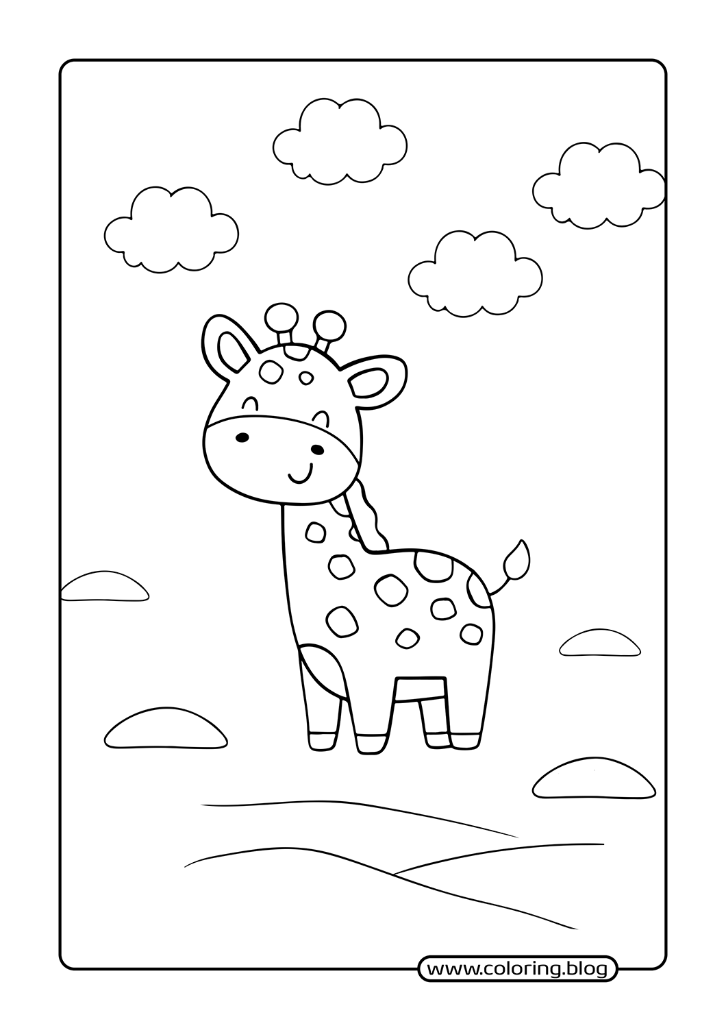 Giraffe in Nature with Clouds coloring page