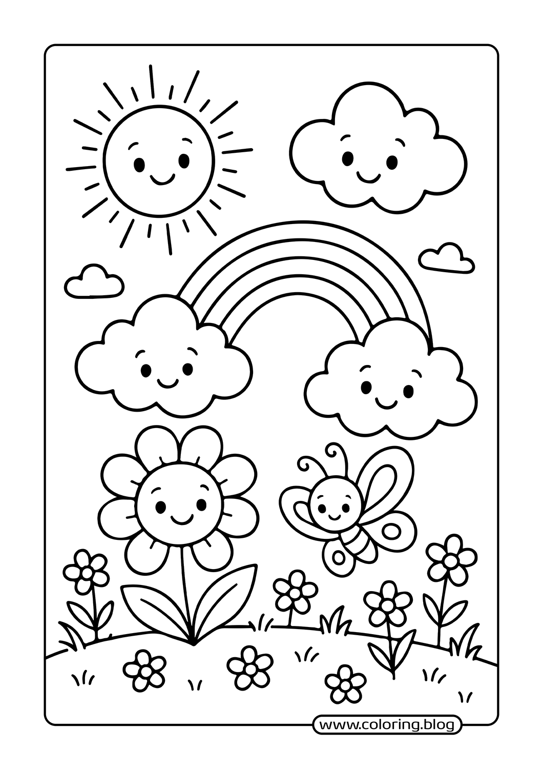 Rainbow and Flowers coloring page